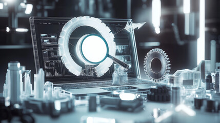 Poster - A futuristic machine for improving website search rankings, shown with a laptop, magnifying glass, an arrow, and gears.low poly wireframe.