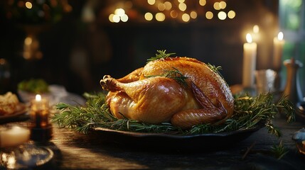 Canvas Print - A beautifully roasted whole chicken with sprigs of rosemary, sitting on a rustic table, surrounded by warm lighting and inviting aromas.