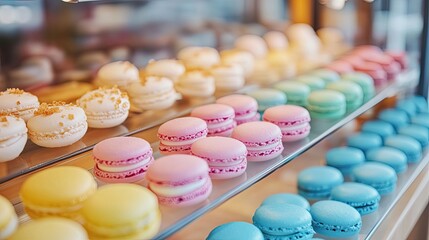 Canvas Print - A close-up of vibrant macaroons in pastel colors, arranged neatly on a table, perfect for a sweet treat or dessert showcase.