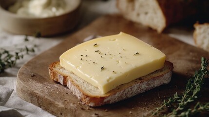 Wall Mural - A delicious cheese slice placed on warm toasted bread, perfect for a savory snack or quick meal, shot in a cozy setting.