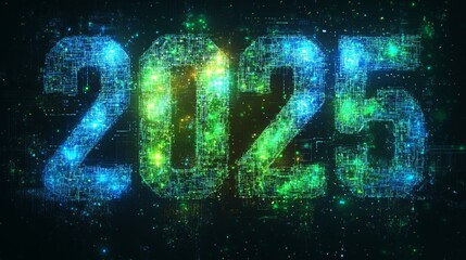 Poster - Intricate digital design of the year 2025 displayed in vibrant blue and green colors