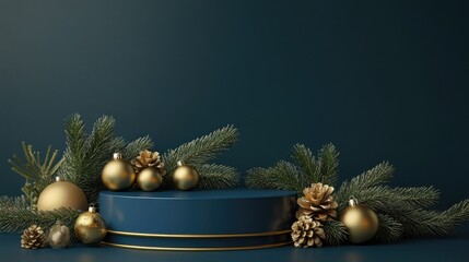 Poster - A minimalist Christmas setting with an empty blue and gold podium, decorated with pine branches and golden baubles, ready for product display.