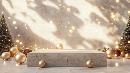 Sticker - A minimalist stone podium, flanked by decorative Christmas balls and surrounded by twinkling holiday lights.