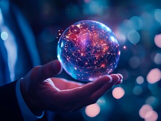 a hand holds a glowing sphere of interconnected stars and lines, symbolizing technology and innovati