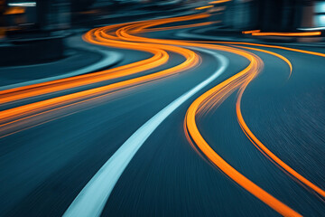 Wall Mural - Long exposure photograph showing curved light trails of vehicles on a winding road at night, creating a dynamic and vibrant effect.