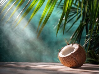 Coconut Shell In Tropical Setting With Lush Palm Leaves And Misty Background