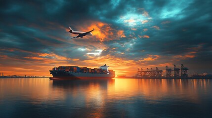 Wall Mural - beautiful orange sunset over calm ocean, reflecting in the water, with fluffy clouds in the blue sky
