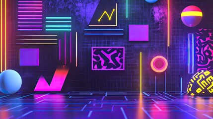 Aufkleber - Neon-colored geometric shapes and squiggles on a 90s-inspired backdrop