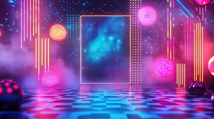Aufkleber - Nostalgic 90s backdrop featuring abstract patterns, neon lights, and retro elements, with a large area for text placement.
