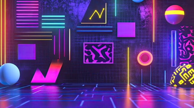 Neon-colored geometric shapes and squiggles on a 90s-inspired backdrop