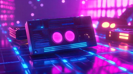 Leinwandbilder - Vibrant 90s style backdrop with pixelated graphics, cassette tapes, and bright neon hues, perfect for adding text.
