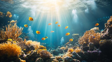 A vibrant underwater scene of tropical fish swimming around a colorful coral reef, resembling a lively aquarium or oceanarium.