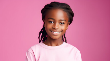 Portrait of smiling cute African American girl with perfect skin, pink background, banner.