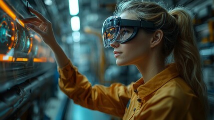 Female engineer wearing safety glasses and interacting with a futuristic control panel