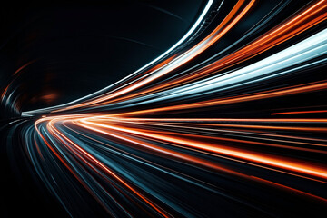 Poster - Long exposure photograph of a tunnel with streaks of light from moving vehicles. The image features vibrant red, orange, and white light trails curving smoothly.