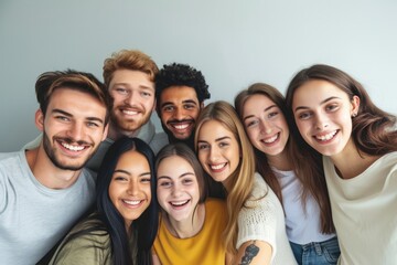 Group of happy young people looking at camera and smiling while standing against grey background