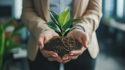 Business woman in office holding a pile of earth with a young plant symbolizing the start of a business or career growth