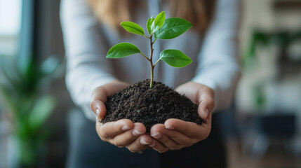 Business woman in office holding a pile of earth with a young plant symbolizing the start of a business or career growth