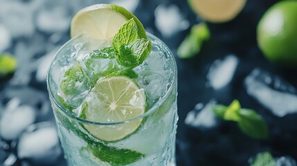 A refreshing lime and mint cocktail with ice.