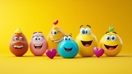 Wall Mural - Six 3D emojis with various happy expressions and hearts on a yellow background.