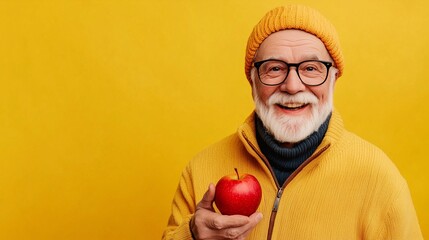 A cheerful elderly man in yellow clothes holding a red apple, smiling against a yellow background