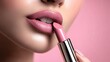 © Ketanoff - close up of glamorous young woman applying pink lipstick on grey background, beauty and makeup