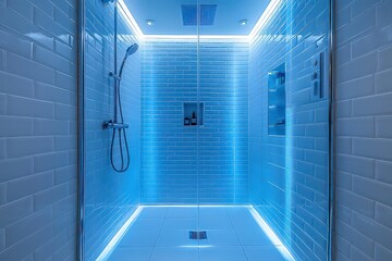  Well-cleaned shower cabin with streak-free glass walls, polished chrome fixtures reflecting light.