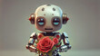 © bennymarty - Small robot holding a red rose in a romantic gesture, with bokeh lights in the background, perfect for valentine's day visuals