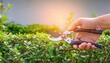 © TransPicHub - Gardening tools for trimming green bushes in sunlight.