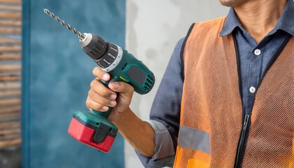 Man holding cordless drill in work environment, white isolated background