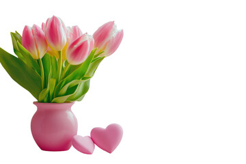 Wall Mural - pink tulips in a vase beside a white frame and heart shapes on a pastel pink background. png transpa