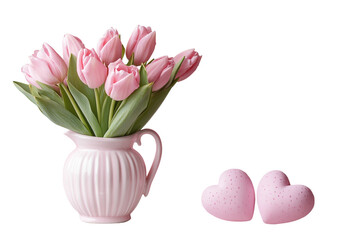 Wall Mural - pink tulips in a vase beside a white frame and heart shapes on a pastel pink background. png transpa