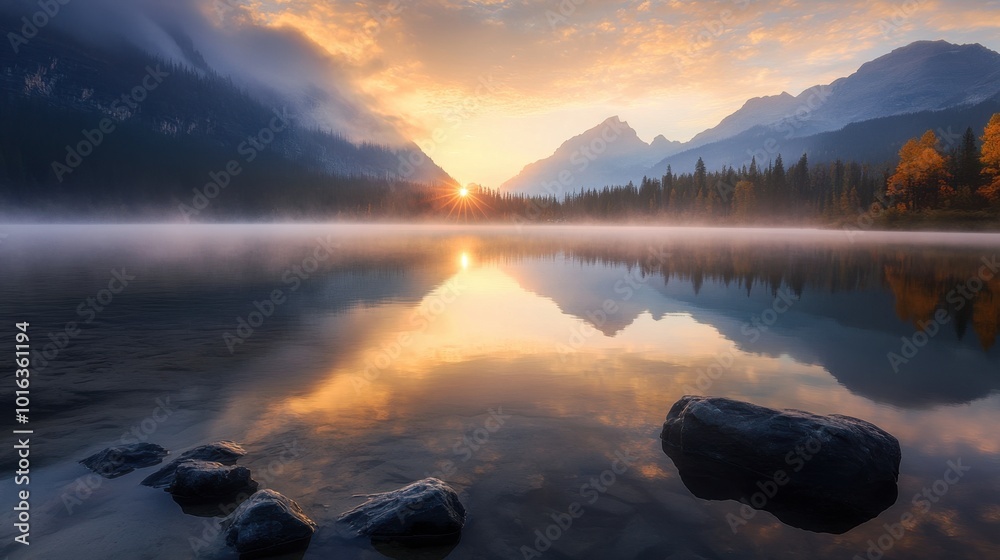 Morning Rising Mist Early morning mist rising from Swift Lake as the sun begins to peek ...