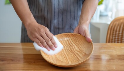 Person cleaning wooden plate with sponge, natural light bright kitchen