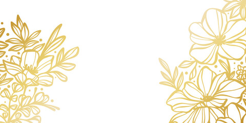 Poster - Gold floral background, invitation card template, banner or cover image for weddings, elegant hand drawn flower print, clip art design