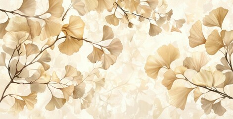 Wall Mural - Ginkgo biloba leaves, pattern, nature, botanical, beige background, elegant design, soft tones, tranquility, modern art, stylish decor, organic shapes