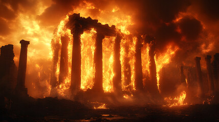 Poster - A catastrophic firestorm rips through ancient ruins,engulfing the structures in a blaze of destruction. The scene depicts a cataclysmic apocalyptic event,with flames and smoke billowing into the sky.