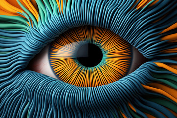 Canvas Print - Abstract close-up of an eye with colorful, wavy lines radiating from the pupil. The lines are predominantly blue with orange accents, creating a vibrant pattern.