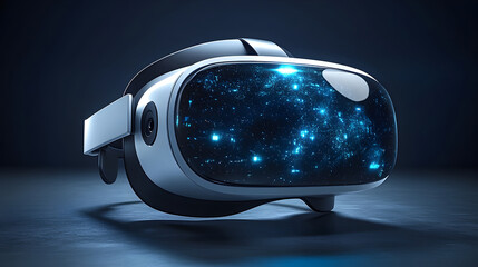 Aufkleber - A sleek,futuristic virtual reality headset that transports the user into an immersive,data-driven cosmic realm filled with glowing stars,galaxies,and nebulae,symbolizing the potential of innovation.