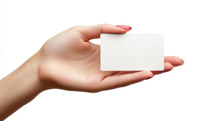 A woman's hand holding a blank white card.  The hand is on a white background. The card is slightly angled with the hand.