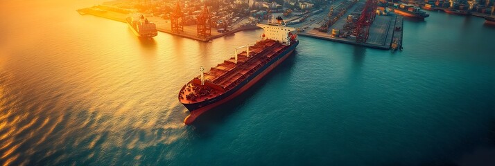 Poster - Aerial panoramic view of a bustling cargo ship port terminal with container vessels,cranes,and warehouses during a vibrant sunset. Concept of global trade,maritime logistics.