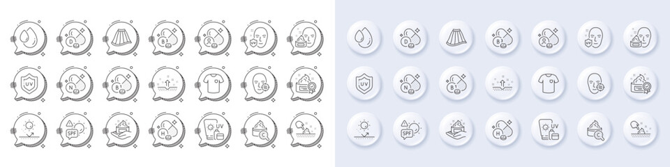 Face cream, Problem skin and Sunscreen line icons. White pin 3d buttons, chat bubbles icons. Pack of Skirt, Vitamin h, Vitamin d icon. Collagen skin, Uv protection, T-shirt pictogram. Vector