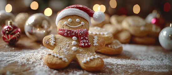 Christmas gingerbread man in the  kitchen. Baking sweets for Christmas concept.