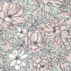 Flower pattern, seamless repeating floral print, hand drawn vintage inspired tapestry or wallpaper design, repeating tile, peony wallpaper