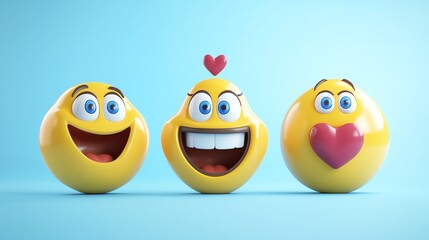 Wall Mural - Three 3D emojis with various happy expressions and hearts on a blue background.