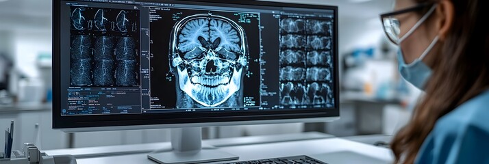 Poster - Close-up view of an X-ray scan of a human skull,displaying the intricate structure of the brain on a medical monitor screen in a hospital or healthcare setting.