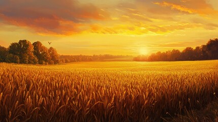 Wall Mural - A sunset view of a bountiful field filled with golden crops, capturing the beauty and abundance of a successful harvest.