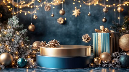 Sticker - An elegant blue and gold product display podium, set against a Christmas backdrop with twinkling lights and festive ornaments.