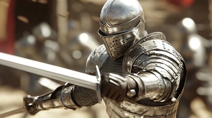 A knight in shining armor prepares for battle with a sword in a medieval setting.