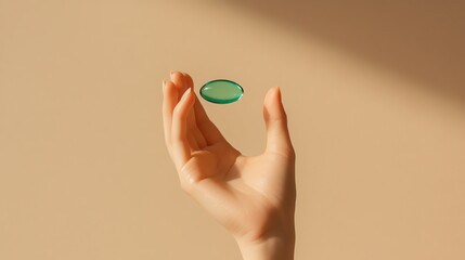 a hand delicately holding a green pill against a peach background.